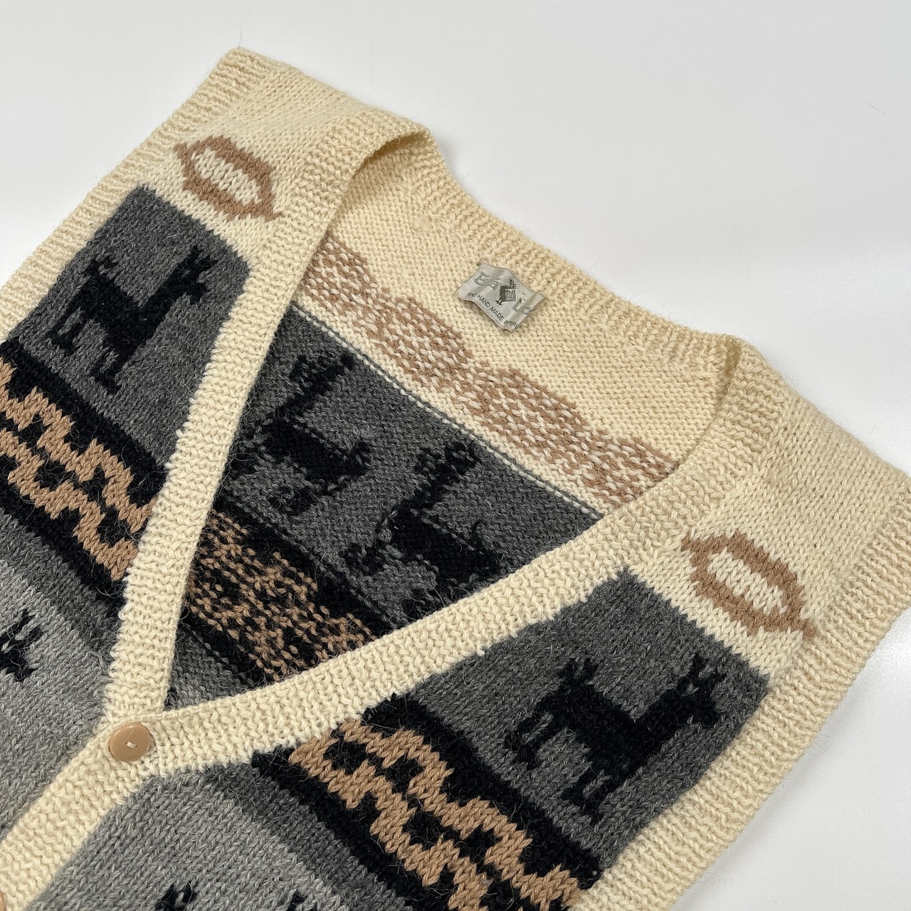 アルパカ100% ペルー製 Esta Loco チロリアン ニット ベスト 前ボタン カーディガン /アイボリー系/ビンテージ