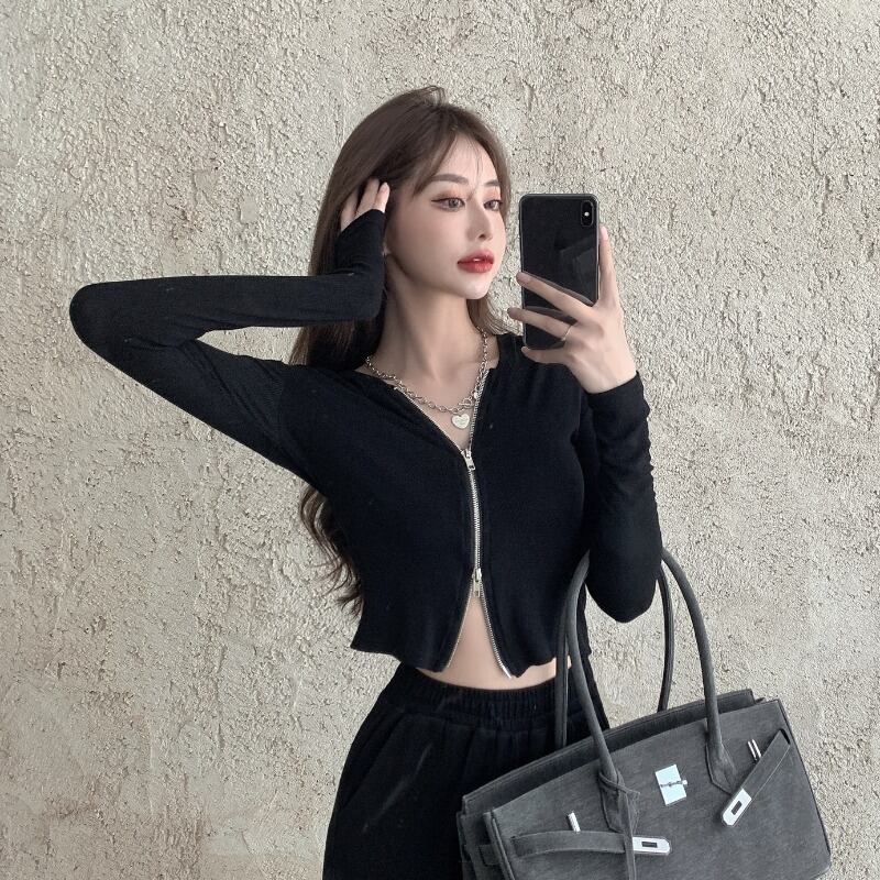 ジッパーブラックフードニットカーディガンレディーススプリングオータムセーター ジャケット クロップドトップス ロング 春物 秋物 ブラックストロベリース43013305485