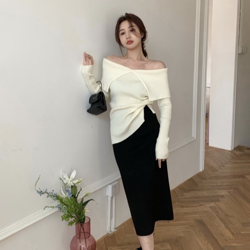 スプリングニットセーター トップス ブラックスカート 春物 YY-ファッション59822534057