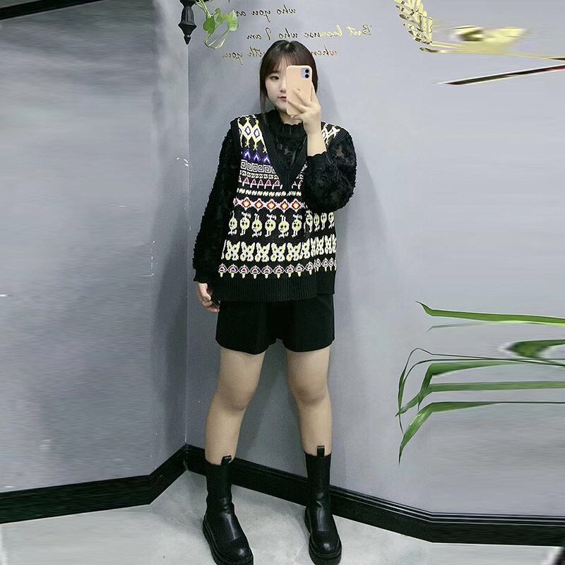 ルーズプラスサイズtシャツレディース長袖insトレンディなネット赤スキーマデザインチョッキツーピーススーツ女性の薄さ ミックスインファッション7179771258