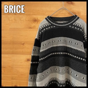【BRICE】総柄 柄物 ニット セーター 個性的 ボーダー L相当 秋冬物 US古着