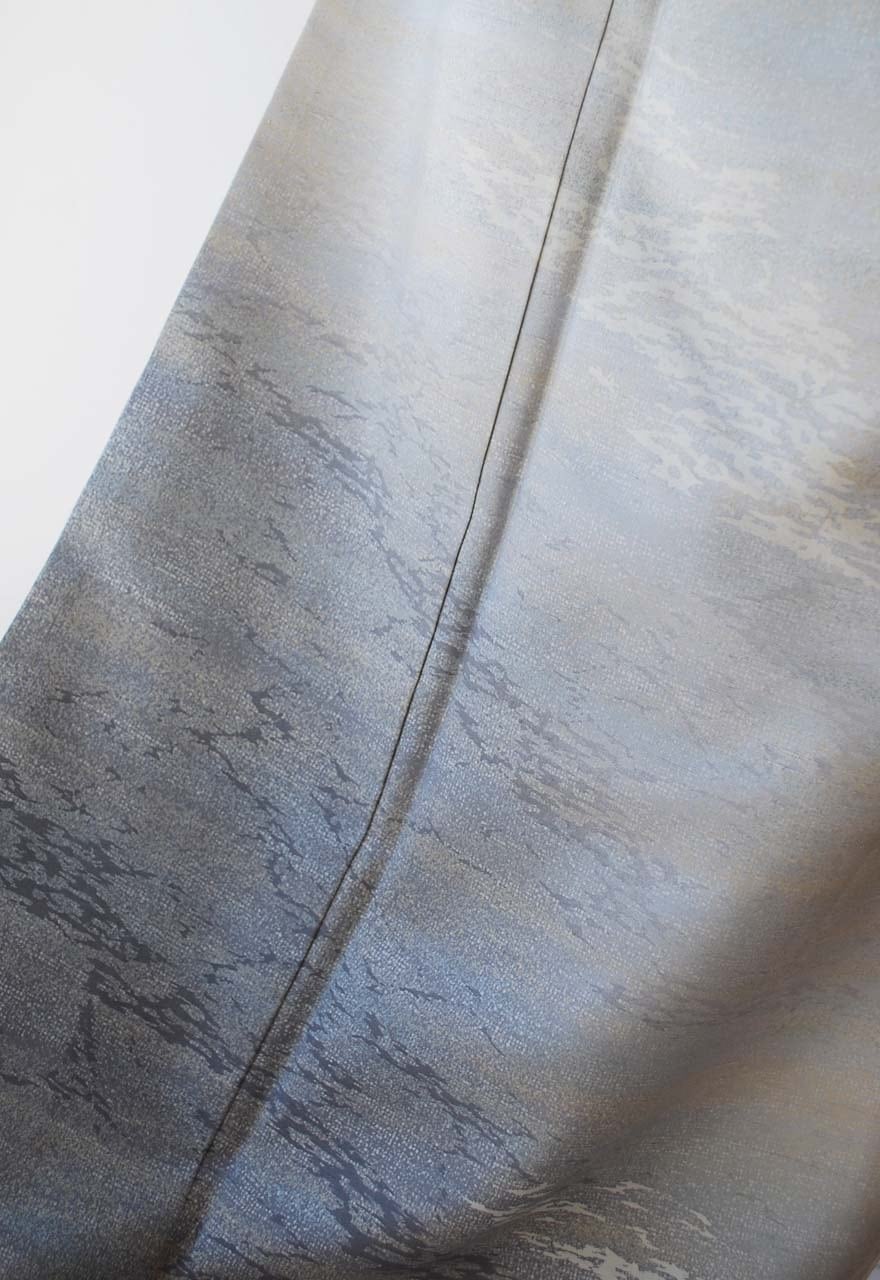 【袷】灰青色系 雲霞柄 白山工房 牛首紬