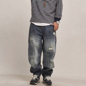 Patchwork damage denim pants 1091