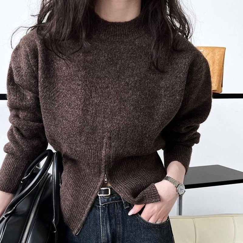 Zip hem high neck knit tops 3 colors V2783