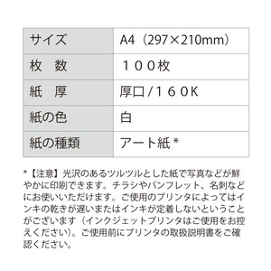 プリンタ用紙 アート紙（光沢紙） Ａ４ 白色 100枚 厚口160K