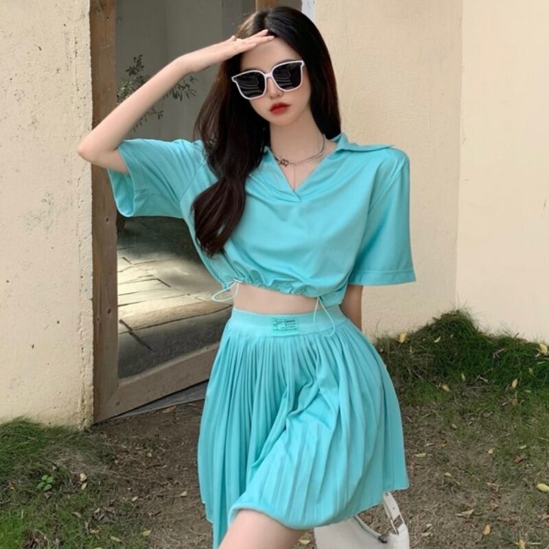 サマーVネックギャザーショートトップス ウェストプリーツスカート セット レッド 刺繍 夏物 YY-ファッション7136486436