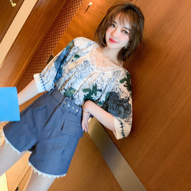 プリントプリーツシャツ レースハイウェストウェストショーツ レッド レトロ 刺繍 ブルマー MIUCO45975915380