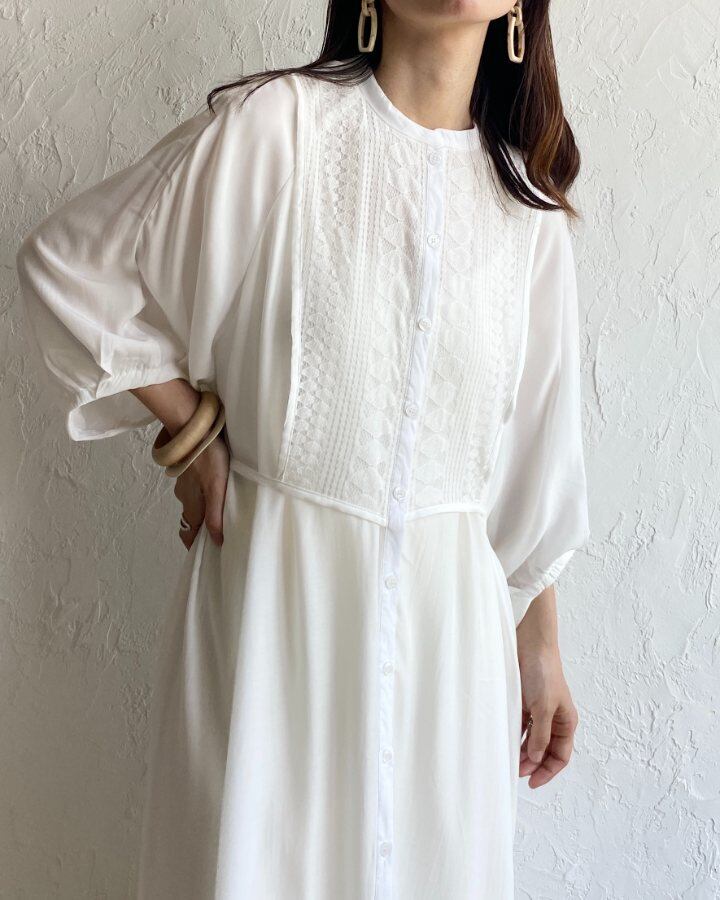 即納ホワイトラスト２個 レース切り替え半袖スタンドカラーaラインロングシャツワンピース Op T172 She S Closet