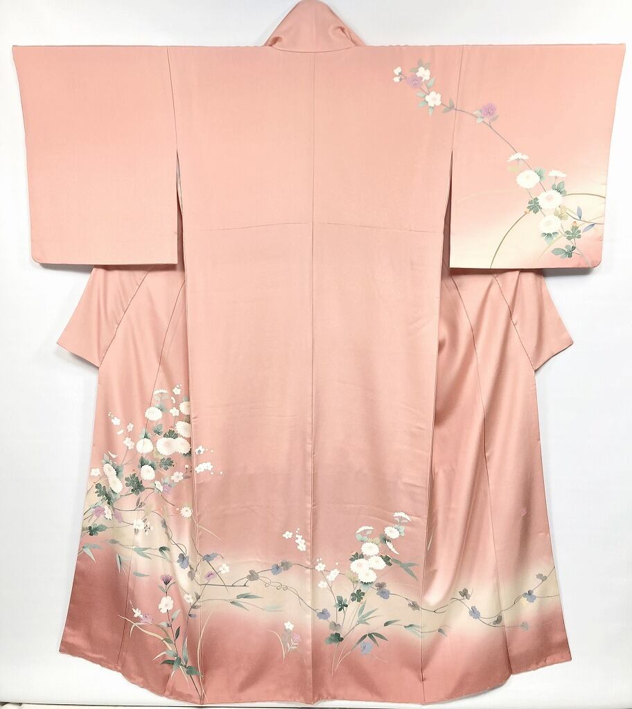 手描き友禅 四季の花々 訪問着 袷 正絹 サーモンピンク クリーム 白