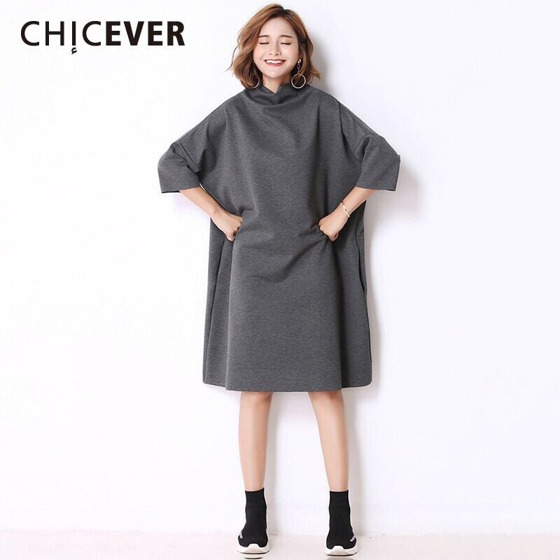 CHICEVERサマーソリッドドレープレディースドレスハイカラーハーフスリーブルーズスリムフロアレングスドレス2020 半袖 夏物 ソリッドカラー 6base561269634845