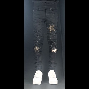 high street  damage gold star stone pants【ES033】