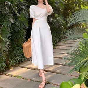 ワンピース レディース 送料無料 フレア ミモレ丈 Vネック パフスリーブ ギャザー ハイウエスト 襟なし カットアウト 半袖 体型カバー シンプル 大人可愛い きれいめ お洒落 大人女子 ワンピドレス イベント デート パーティ— 女子会 休日 お出かけ 韓国 オルチャン ファッション コーデ かわいい 大人可愛い きれいめ シンプル 上品 おしゃれ お呼ばれ 二次会 かわいい モテコーデ ベーシック 大人 かわいい インスタ トレンド モテコーデ ホワイト 10代 20代 30代 春 夏 S M L