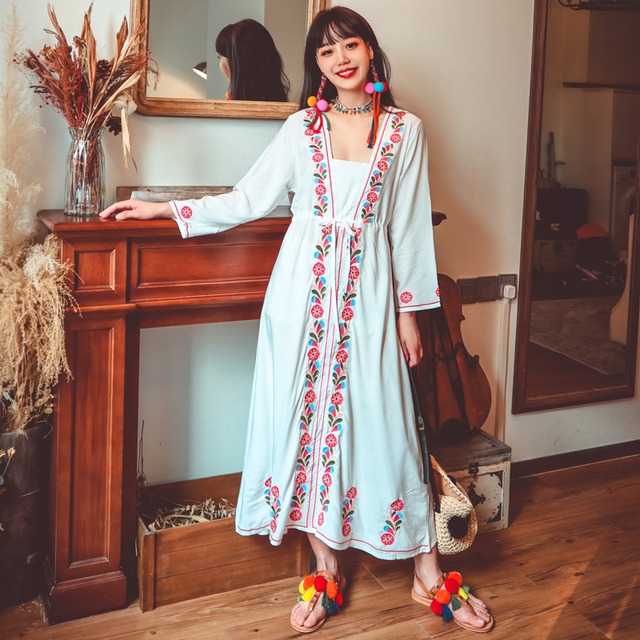 スプリングサマーボヘミアン自然派スタイルロングスカート 刺繍ドレス レディース コットン 春物 夏物 延命家ファッション71379774900