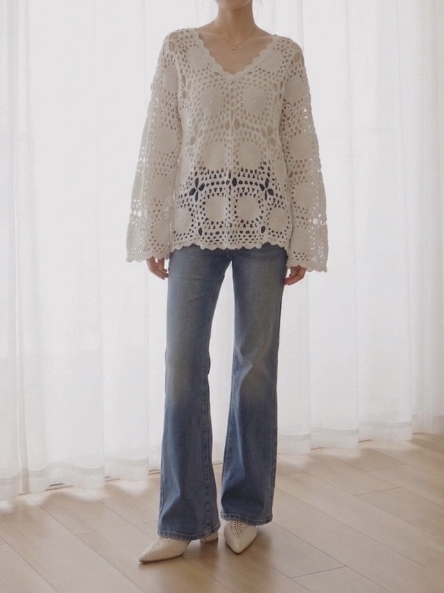 ●flower crochet design cotton knitted top