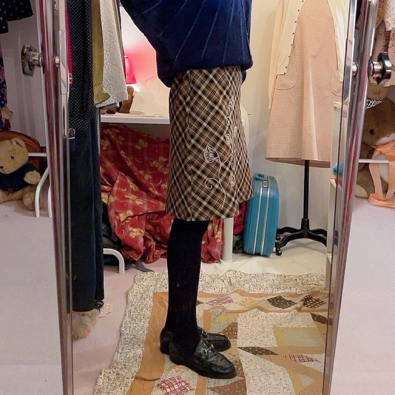 flower embroidery check mini skirt