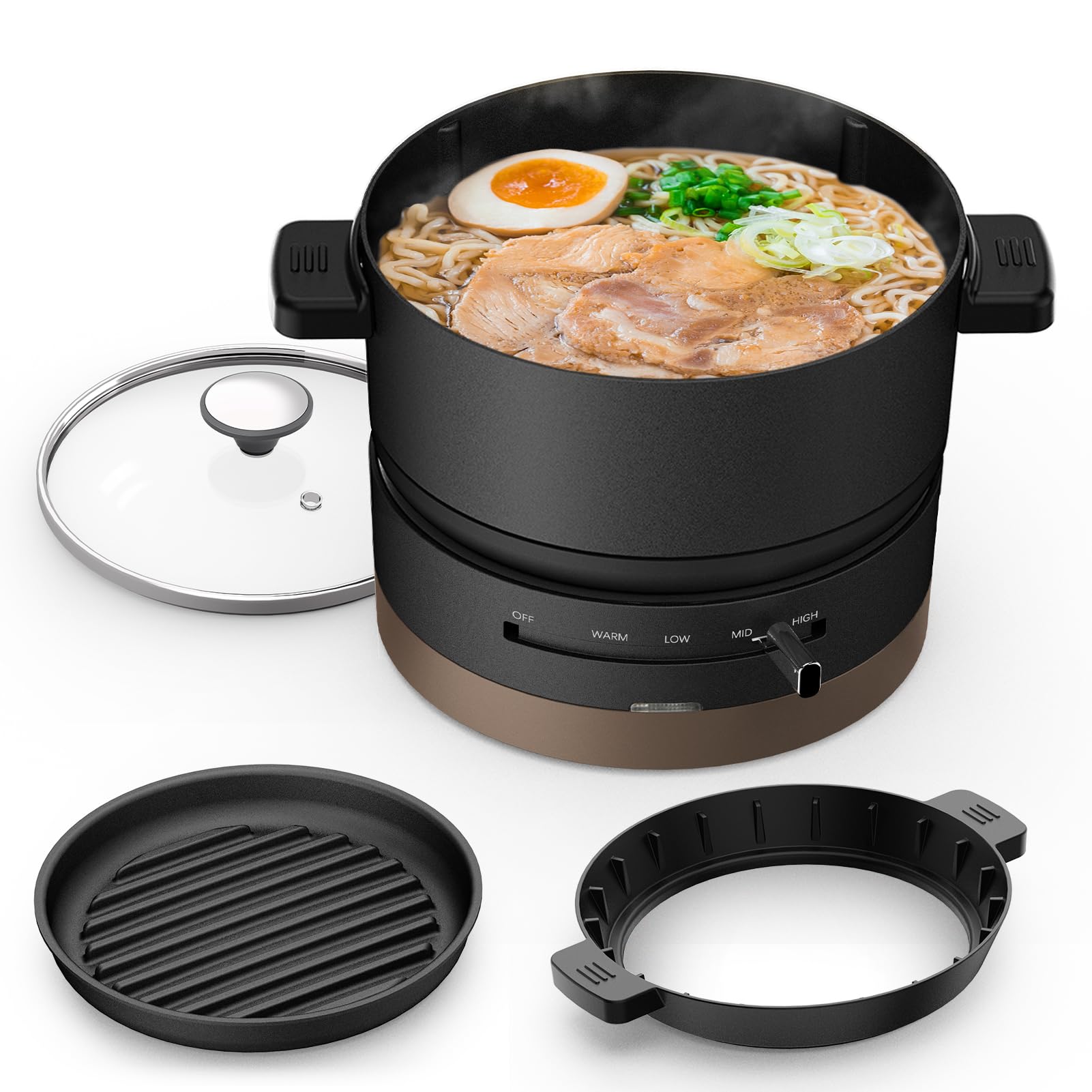 HAGOOGI (ハゴオギ) 電気鍋 ひとり用 1L 600W 一人鍋 温度調整機能 着脱式 丸洗い可 一台多役 クッキングケトル 波形プレート 蓋 付き なべサイズ17cm ブラック