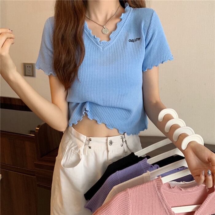 サマースリム薄手スタイルVネックショートセーター トップス 夏物 YY-ファッション82444257357
