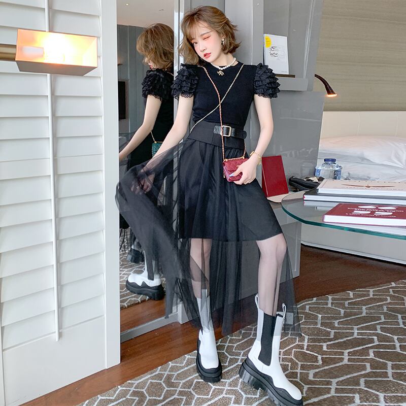 レーススリーブシャツ ハイウェストウェストメッシュスカート オータム 秋物 MIUCO76944200892