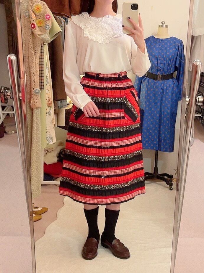 red gingham check black flower skirt