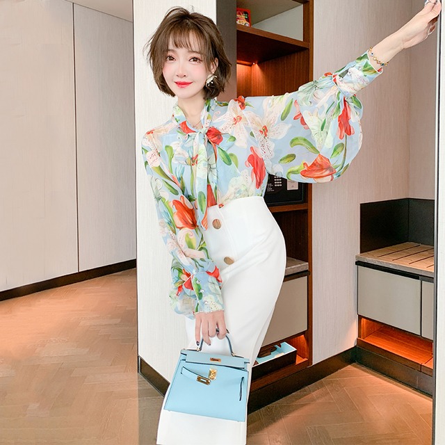 プリント柄カラーシャツ スプリング ランタンスリーブ 春物 MIUCO98998993975