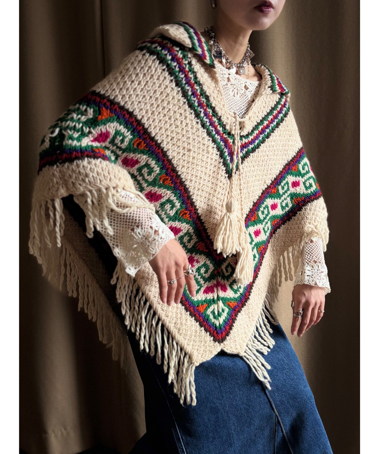 ethnic pattern vintage knit poncho-5061-11