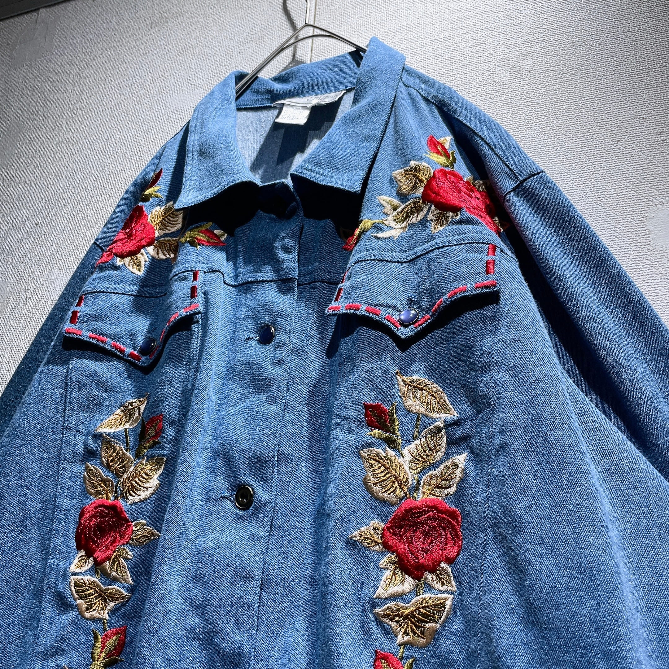 Beautiful Botanical flower embroidery vintage western denim shirt jacket