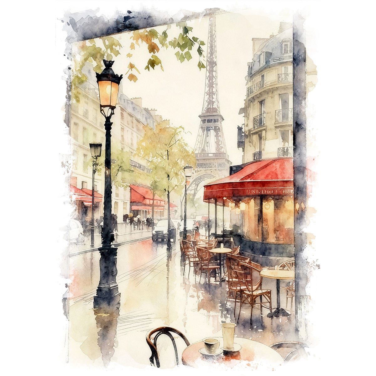 絵画 フランス 風景画(街並み) パリのカフェ インテリアアート額付き 水彩画・油絵調 WAT0326