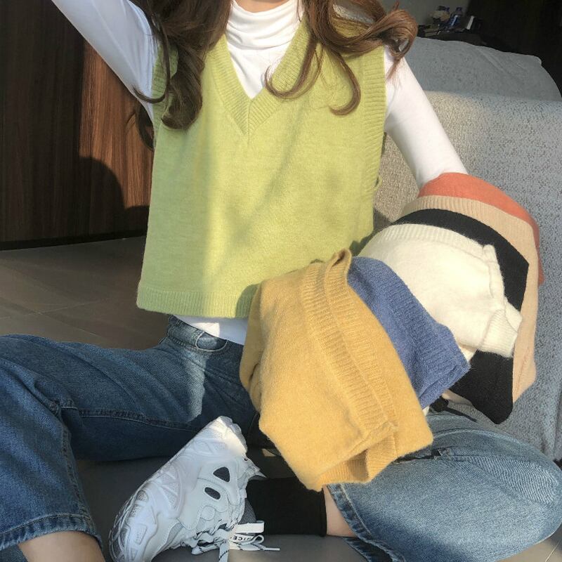イエローウールルーズVネックショートノースリーブセーター ニット 半袖 ハーフスリーブ 試着室76103555383