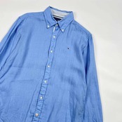 リネン100% TOMMY HILFIGER トミーヒルフィガー Premium Linen BD ボタンダウン 長袖シャツ S/ブルー メンズ