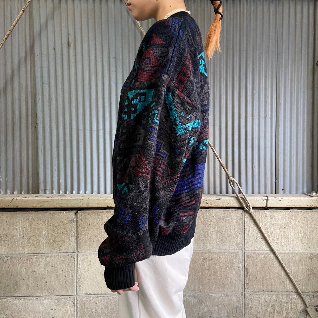 ビッグサイズ Boulevard ネイティブ柄 総柄 アクリル ニットセーター