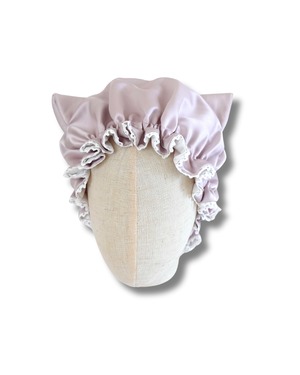 8歳〜大人用 Cat-Ear Ivory Gray(キャットイヤー)猫耳パイピング・Romantic Race Cat-Ear pink Nightcap国産洗えるシルク