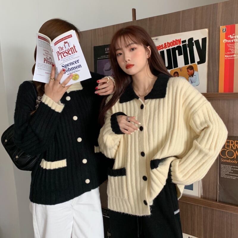 セーター カーディガンジャケット レディーススプリングオータムルーズカラーストライプニットトップス 春物 秋物 萌量不足62381912877
