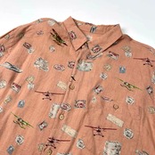 PAPAS パパス ISLAND 総柄 麻100% 長袖 リネン シャツ サイズ 50/L /ピンク系