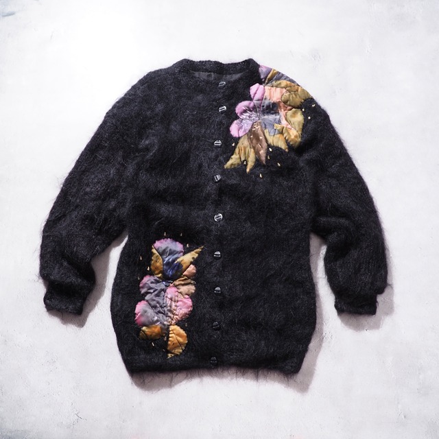 Black bewitching flower embroidery vintage mohair wool cardigan