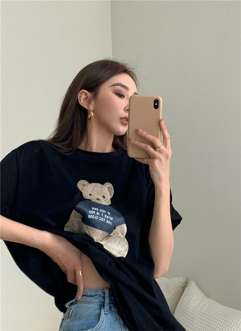 Tシャツ ルーズブラックスタイル薄手トップス サマー 夏物 ブラックストロベリース20325505491