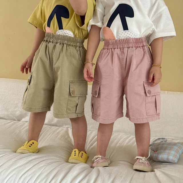 薄手コットンカーゴハーフパンツ（ピンク／ベージュ）QQMM 2026夏｜80-150cm｜短パン｜半パン｜子供服｜韓国子供服｜男の子 ［取寄］