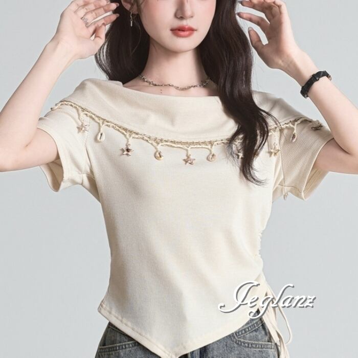 ヘム デザイン ロゴ Tシャツ フリンジ サイド ギャザー ♪(MC808)β