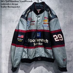 90's"Jeff Hamilton"GoodWrench embroidery design leather Racing jacket