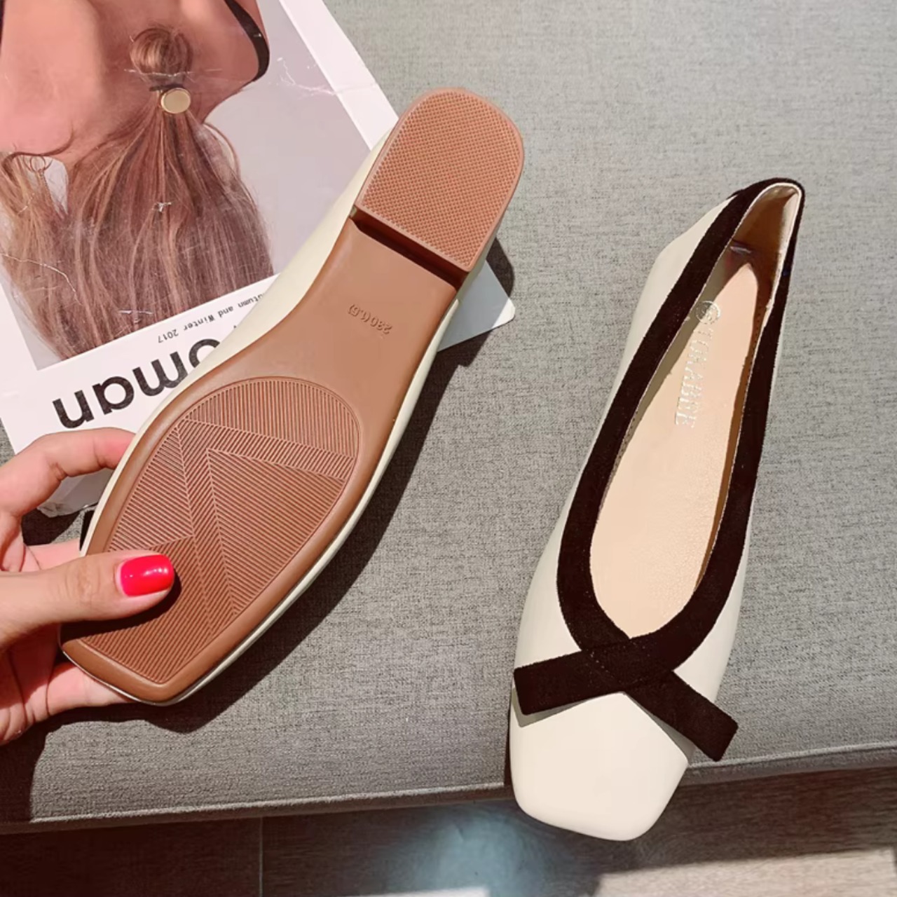 リボン スクエアトゥ フラットパンプス 00063・画像3