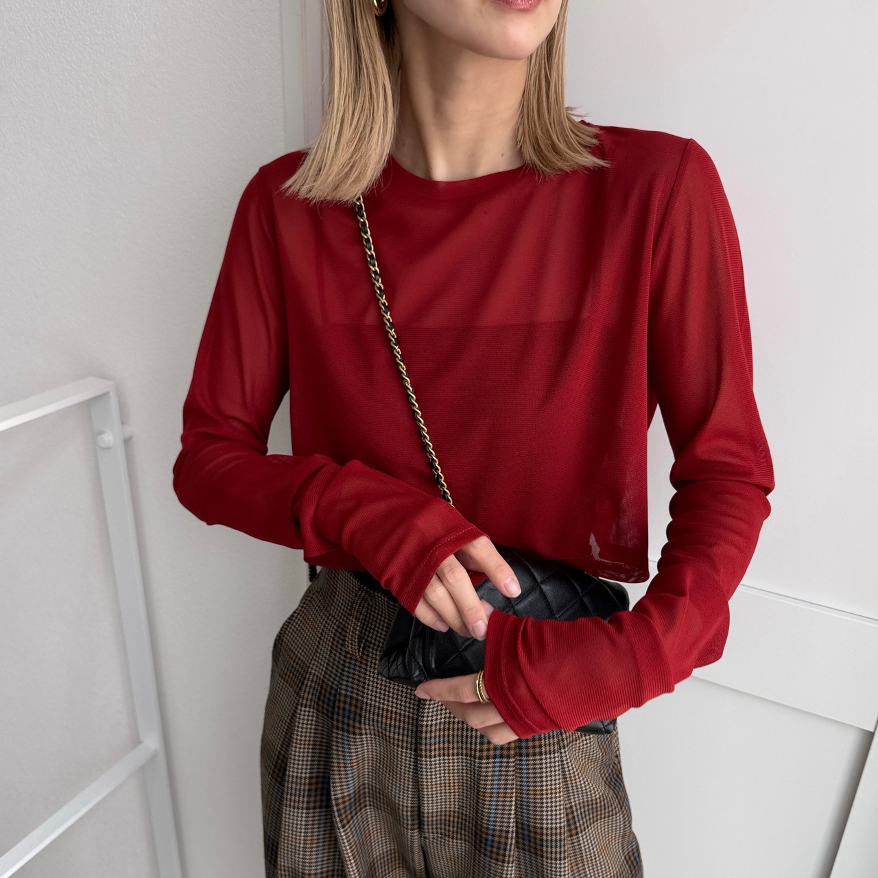 crew neck tulle sheer short tops/red