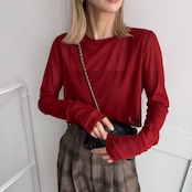 crew neck tulle sheer short tops/red