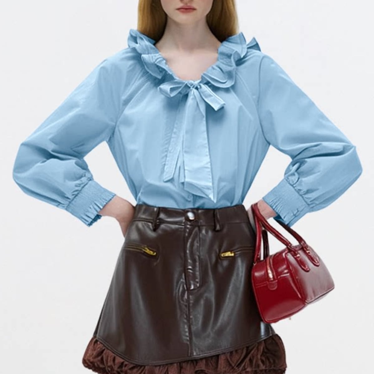 スカイブルー・ラッフルフリル&ボウタイブラウス ch0548