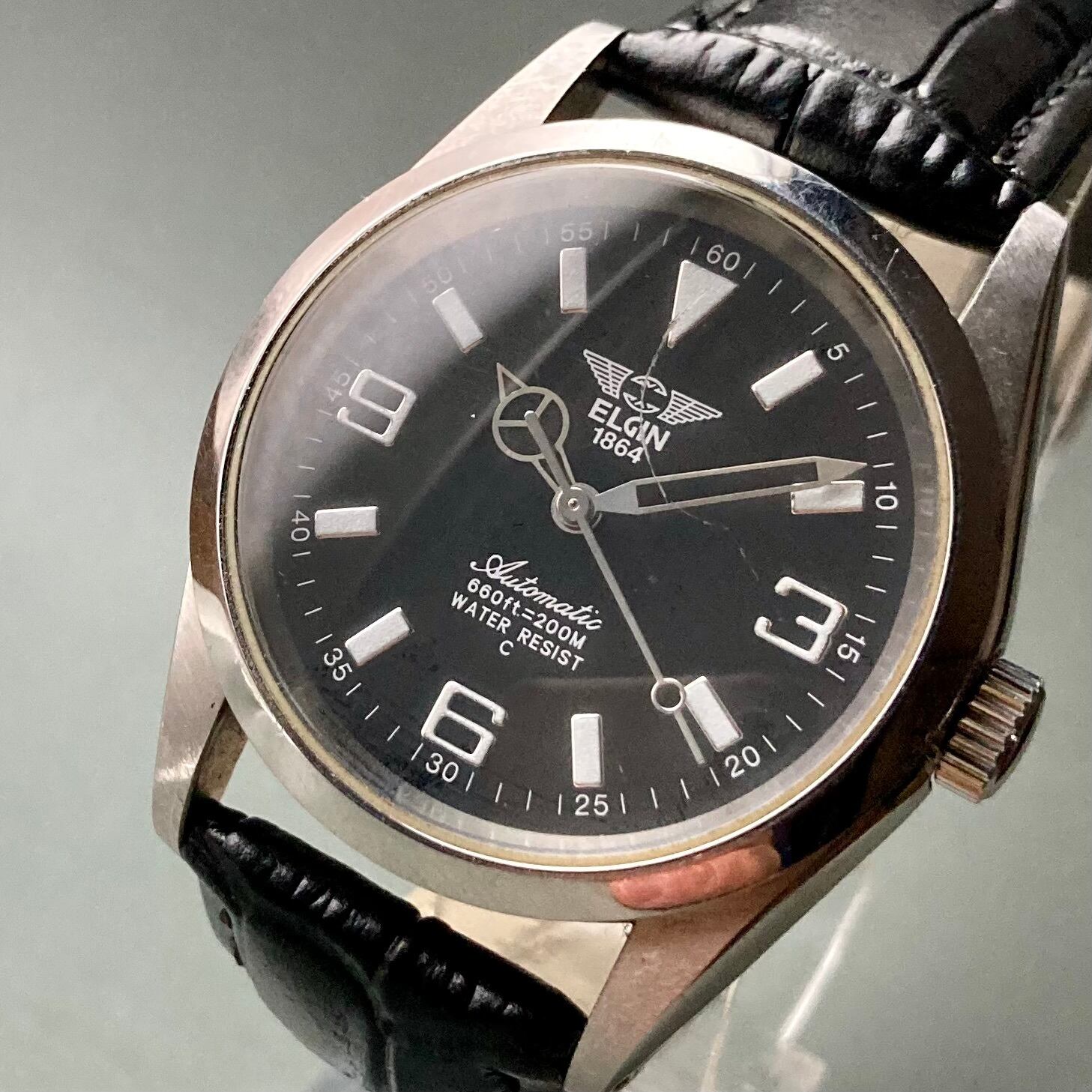 動作品】エルジン ELGIN 腕時計 自動巻き メンズ ブラック | かしち時計店