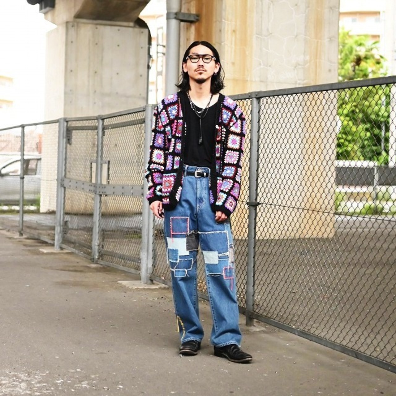 Leh / Flower Panel Carigan、KUON / Sashiko Mended Denim Trousers コーディネート
