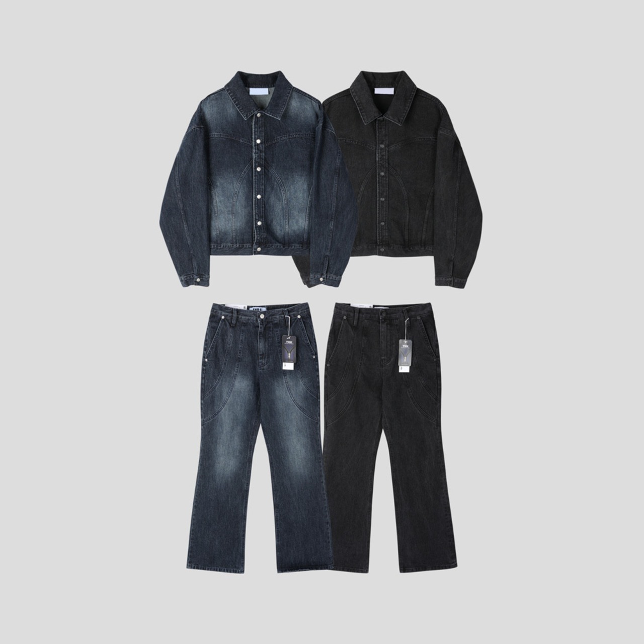 【SET】Mid Wave Cropped Denim Jacket & Wave Flare Denim (2color) - 16