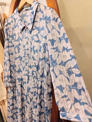 ブルーストライプ椿柄レトロワンピース/ニュールック日本製古着服NEWLOOKMADEINJAPAN