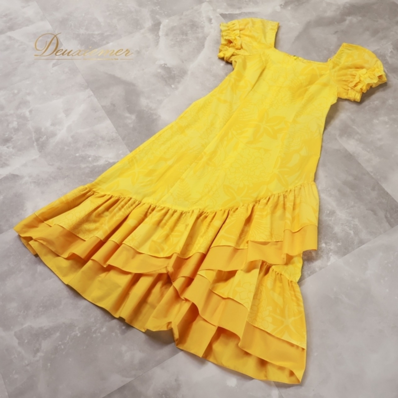 フラダンス 衣装 ワンピース ドレス イエロー系 マーメイドライン 黄 フラ ダンス MermaidLine MMJ エムエムジェイ 日本製 ハワイアン アロハ 花柄 リーフ柄 鮮やか 華やか かわいい ハワイアンプリント