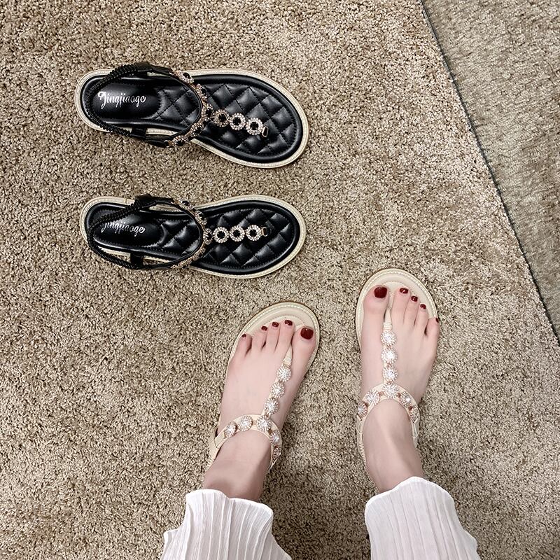 サンダル女性2020春と夏の新しいイン潮穏やかなネット赤野生のラインストーンフラットボトムクリップつま先ローマ靴女性 部族の婦人靴9415173