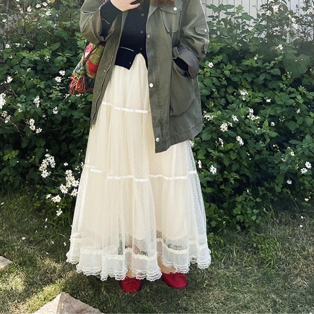 lace dot tiered long skirt J00092