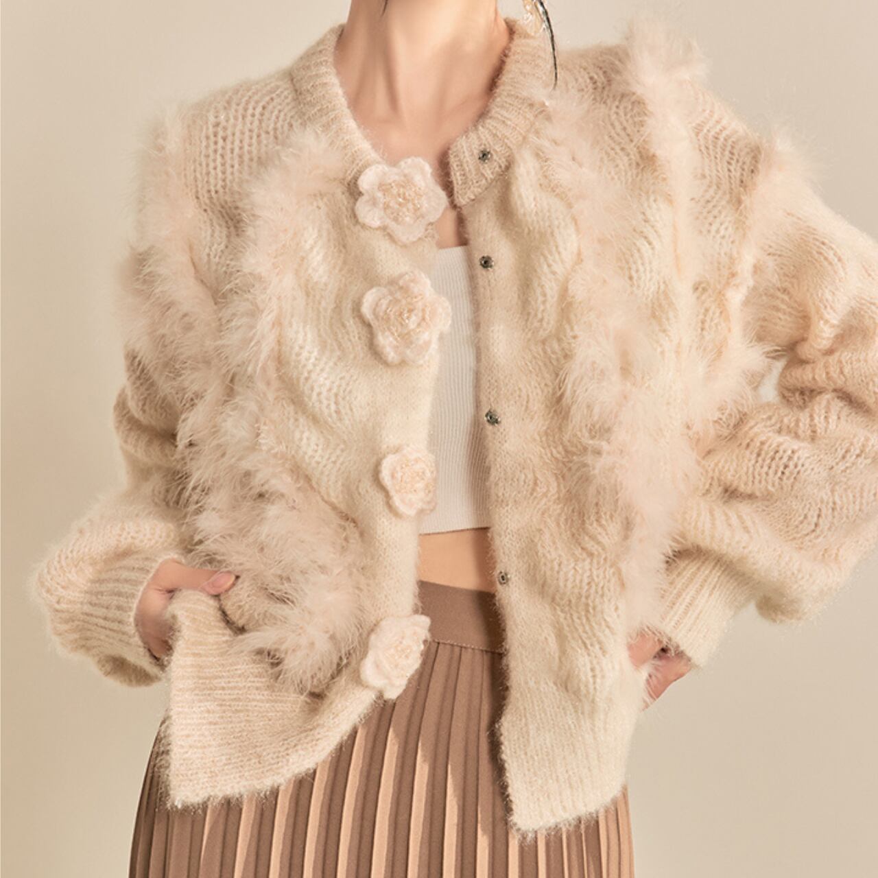 フラワーボタン モヘア ニット カーディガン